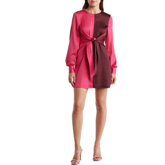 Steve Madden Dress Colorblock Tie Waist Long Sleeve Sheath Mini Pink NWT Small - Picture 3 of 9